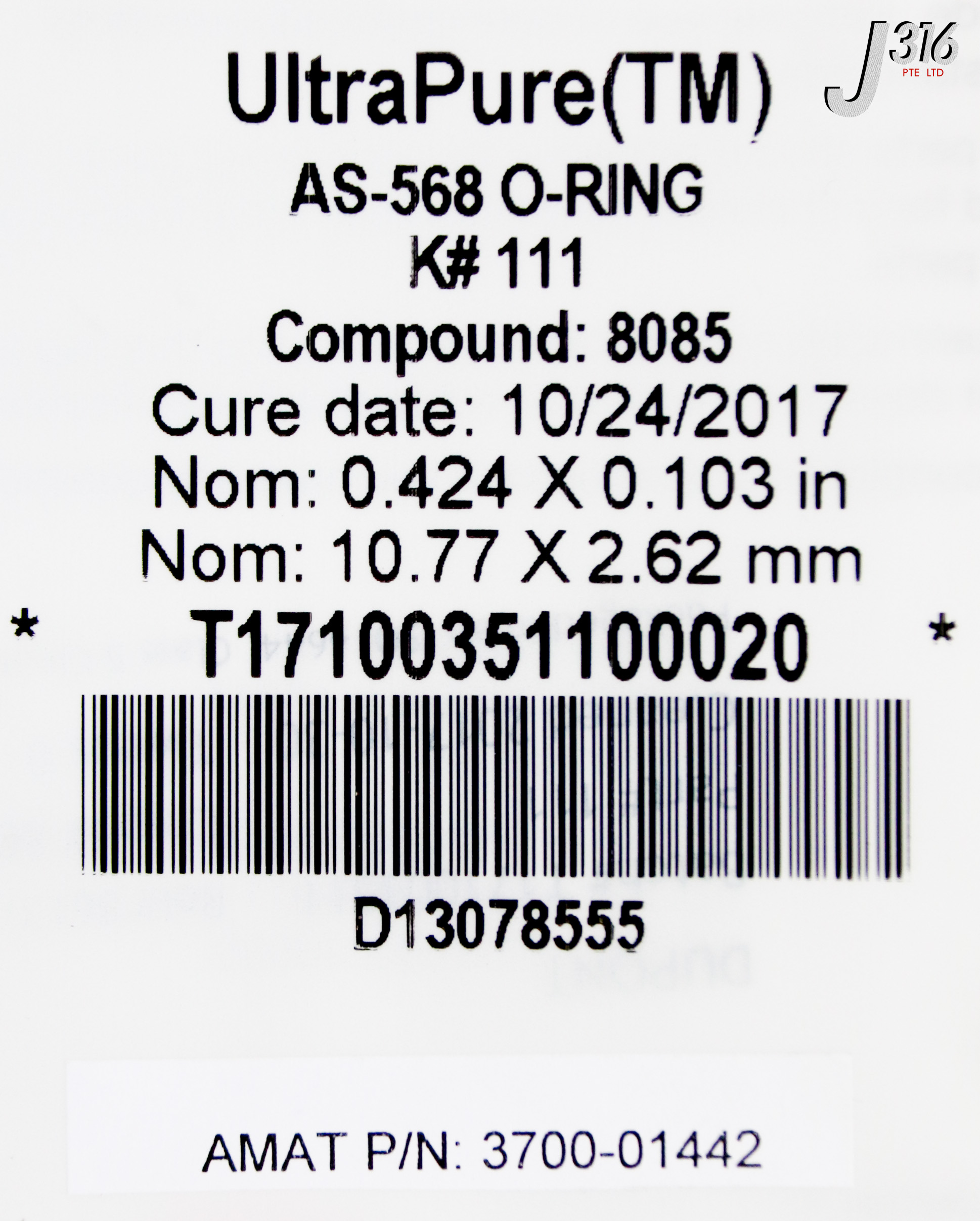 35358 APPLIED MATERIALS O RING ID .424CSD .103 .625 OD KALREZ AS